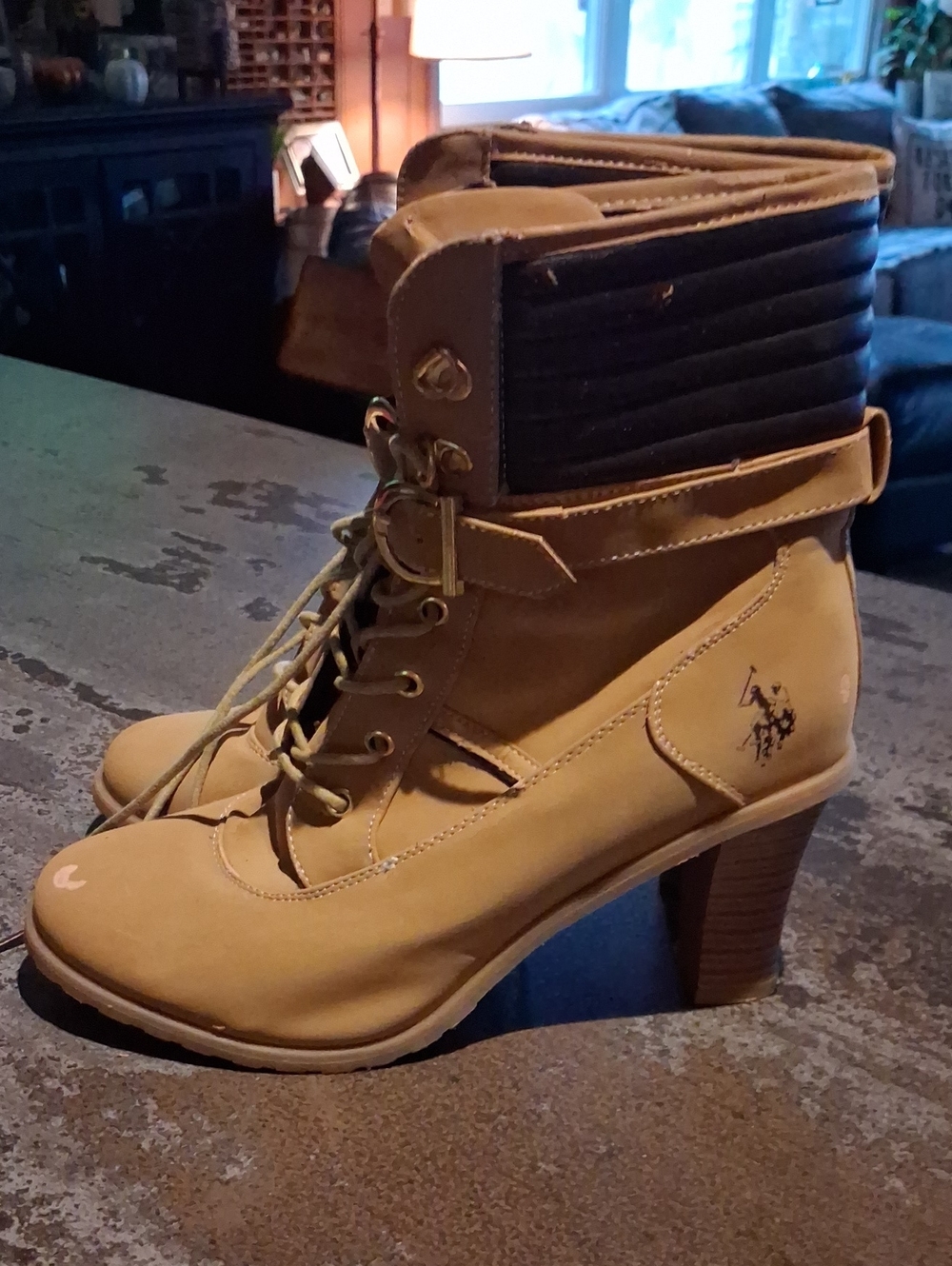 Lace-Up Heeled Ankle Boots in Tan with Quilted Collar